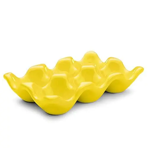 Produktbild: Flexzion 6 Eier Keramik Eierhalter, 6er Porzellan Eierablage Aufbewahrungsbox, Rutschfester Eierteller Eierplatte Eierbehälter Eierträger Eierbox für Zuhause Küche Kühlschrank Restaurant - Gelb