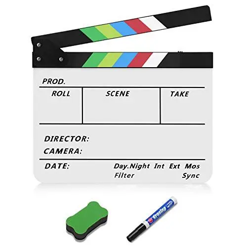 Produktbild: Flexzion Filmklappe Regieklappe Acryl Kunststoff trockenes Radiergummi Studio Kamera TV Video Schnitt Aktion Szene Schiefertafel mit bunten Streifen, 25 cm x 30 cm