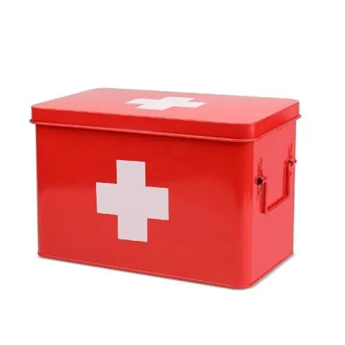 Produktbild: Flexzion Medizinbox, Hausapotheke Box, Apothekenbox - 33x21x19cm Medikamenten Aufbewahrung Box aus Metall für Notfall, Erste Hilfe Schrank, mit Seitengriffen, abnehmbarem Tablett & 5 Fächern, rot