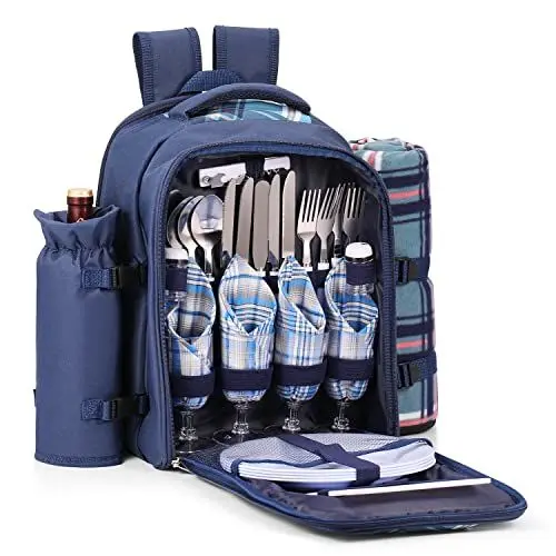 Produktbild: Flexzion Picknicktasche, Set für 4 Personen mit Kühlfach abnehmbarem Flaschenhalter Tellern Besteck-Set Isoliertasche Kühltasche Lunch Bag Campingtasche Handtasche Umhängetasche(karierter Tartan-Blau)