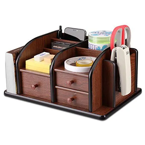 Produktbild: Flexzion Schreibtisch-Organizer aus Holz mit Schubladen – klassisches Bürobedarf-Zubehör, Schreibtisch-Tischsortierregal, Kirschbraun, Stifthalter-Set mit 3 Schubladen, 3 Fächern und 2 Ablagen