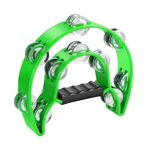 Produktbild: Flexzion Tamburin, Handtrommel - 25cm Schellenkranz mit Handgriff, Musik Schlaginstrument, zweireihig Schellenring in Halbmond-Form Rahmen, mit 20 Paar Metall Schellen, für KTV & Party, Grün