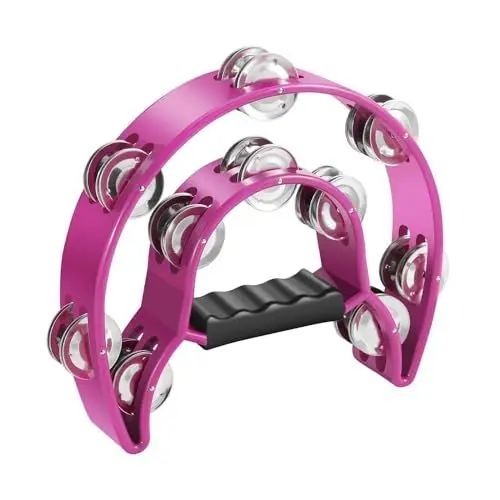 Produktbild: Flexzion Tamburin, Handtrommel - 25cm Schellenkranz mit Handgriff, Musik Schlaginstrument, zweireihig Schellenring in Halbmond-Form Rahmen, mit 20 Paar Metall Schellen, für KTV & Party, Rosa