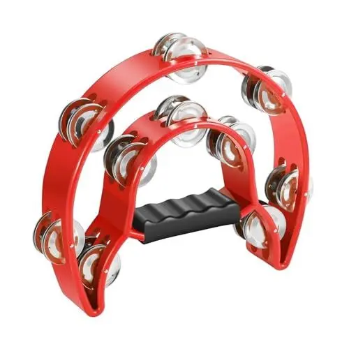 Produktbild: Flexzion Tamburin, Handtrommel - 25cm Schellenkranz mit Handgriff, Musik Schlaginstrument, zweireihig Schellenring in Halbmond-Form Rahmen, mit 20 Paar Metall Schellen, für KTV & Party, Rot