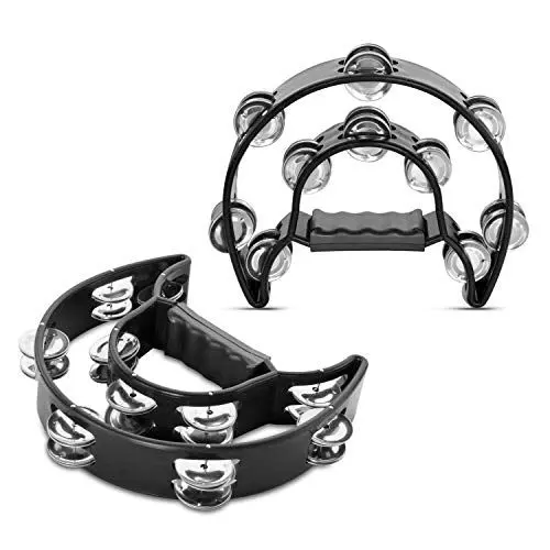 Produktbild: Flexzion Tamburin, Handtrommel - 2er-Pack, 25cm Schellenkranz mit Handgriff, Musik Schlaginstrument, zweireihig Schellenring in Halbmond-Form Rahmen, mit 20 Paar Metall Schellen, Schwarz