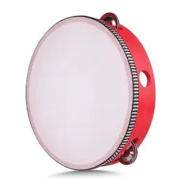Produktbild: Flexzion Tamburin, Handtrommel mit Handgriff - 20cm, Schellenkranz in Mond-Form aus Holz, Musik Schlaginstrument, 1-reihige Schellenring mit 5 Paar Metall Schellen, Schlagzeug für KTV & Party, Rot