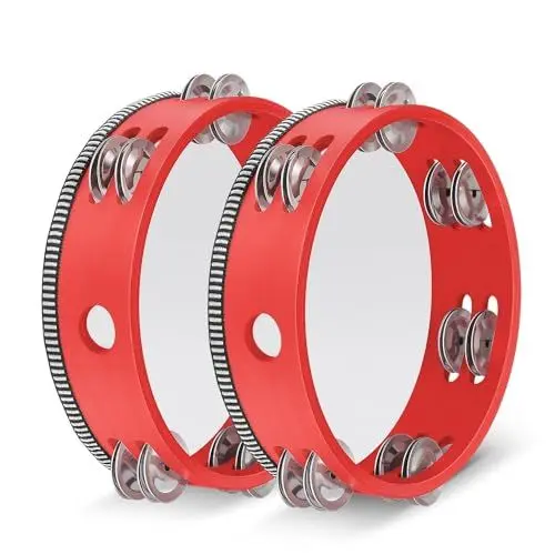 Produktbild: Flexzion Tamburin, Handtrommel mit Handgriff - 2er-Pack, 20cm Schellenkranz in Mond-Form aus Holz, Musik Schlaginstrument, zweireihige Schellenring mit 12 Paar Metall Schellen, Rot