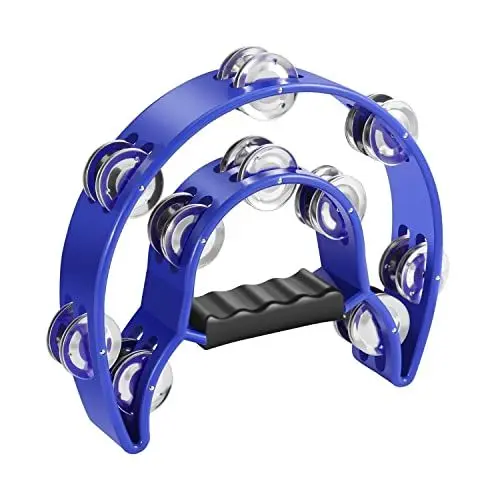 Produktbild: Flexzion Tamburin Metall Halbmond Musikinstrumente Doppelreihe Metallschellen Handinstrumente Schlagzeug mit Ergonomischem Griff, Tamburine f�r Erwachsene, Blau