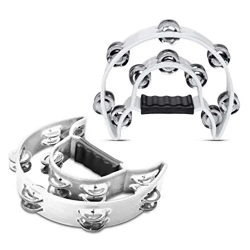 Produktbild: Flexzion Tamburin Metall Halbmond Musikinstrumente Zweireihige Metallschellen Handinstrumente Percussion mit ergonomischem Griff, Tamburine für Erwachsene, 2 Packungen - Weiß