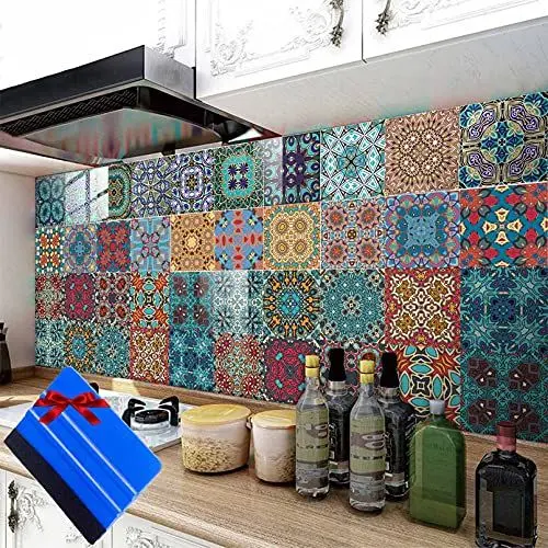 Produktbild: Fliesenaufkleber Küche Bad Fliesenfolie Wasserdicht, 10x10cm Klebefliesen Selbstklebend, Klebefolie Fliesen, Küchenfliesen überkleben 30 Stück, Mosaik Fliesensticker Wandfliese Aufkleber mit 1 Rakel