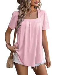 Produktbild: Flikity Basic Shirt Damen Quadratischer Hals Puffärmeln Tops für Frauen Arbeit Büro Blusen Lange Oberteile für Leggings Sommer Tunika Kleidung Rosa M