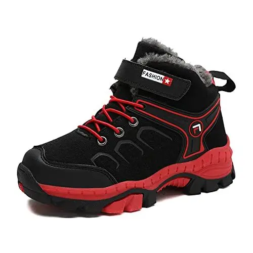 Produktbild: FLIOZY Kinder Trekking Wanderhalbschuh Schneestiefel Jungen Mädchen Warm Gefütterte Winterschuhe Outdoor Winterboots Trekkingschuhe rutschfest Bequem Wanderstiefel Schwarz/Rot 36