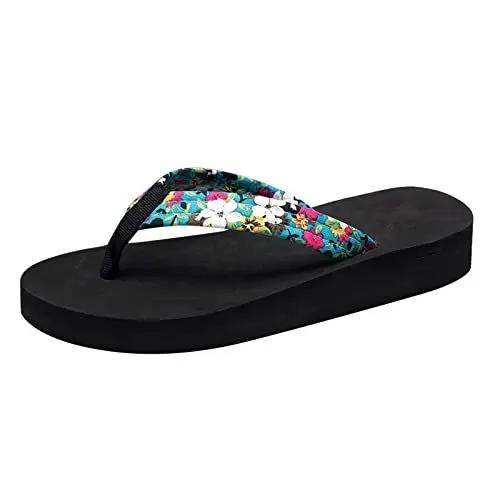 Produktbild: Flip Flops Damen mit Absatz Zehentrenner Mädchen Frauen Dicke Ferse Hausschuhe Flache modische Sandalen mittlerer Absatz Strand Clip Toe Fischgräten Flip Flops Damen Stoff Strandschuhe (Blue, 38)