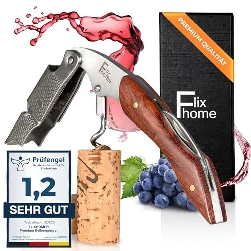 Produktbild: flixhome® - Premium Kellnermesser aus Edelstahl und edlem Holzgriff - Profi Korkenzieher, Weinflaschenöffner, Weinöffner Sommeliers, Gastronomie, Privatgebrauch inkl. Flaschenöffner & Folienschneider