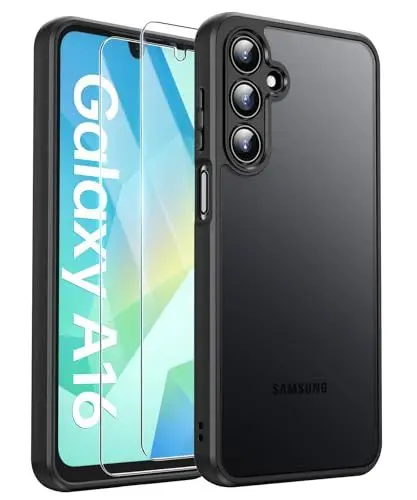 Produktbild: FLLAO Matt Handyhülle für Samsung Galaxy A16 Hülle und 2 Schutzfolie, mit Kameraschutz (Militärnorm Schutz) urchscheinende PC Rückseite TPU Bumper Hülle für Samsung Galaxy A16 5G - Schwarz