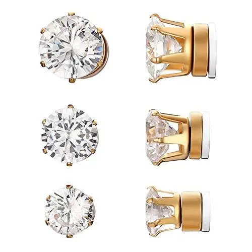 Produktbild: Flongo 3 paar Damen Ohrringe kein Loch Ohrstecker Zirkonia Gestüt Ohrringe Herren Ohrstecker Silber Schwarz Gold Fake Plug ohne Loch Ohrschmuck Set für Termine, Bankette, Partys