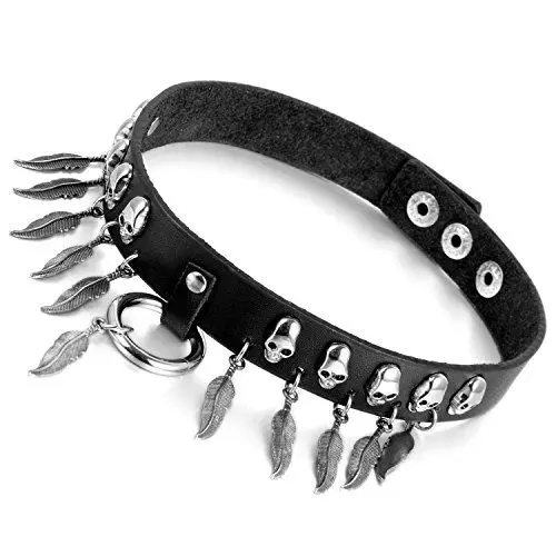 Produktbild: Flongo Choker Tattoo Kette Lederhalsband Damen Herren Halskette Gotik Halsband Schmuck Schwarz Silber Schädel Totenkopf Flügel Feder O-Ring Einstellbar Verstellbaren Punk Rock