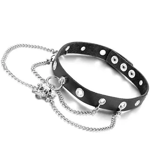 Produktbild: Flongo Choker Tattoo Kette Lederhalsband Damen Herren Halskette Gotik Halsband Schmuck Schwarz Silber Totenkopf Schädel Kette Ring Einstellbar Verstellbaren Punk Rock