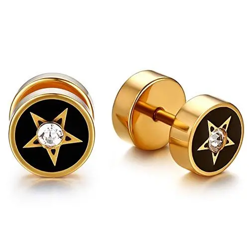 Produktbild: Flongo Damen Ohrringe 8mm Fake Tunnel Edelstahl Stern Illusion mit Strass Zirkonia Männer Frauen Ohrstecker Gestüt Stecker Ohrringe Fake plug verjüngt Cheater Faux Ohrschmuck Silber Gold Schwarz