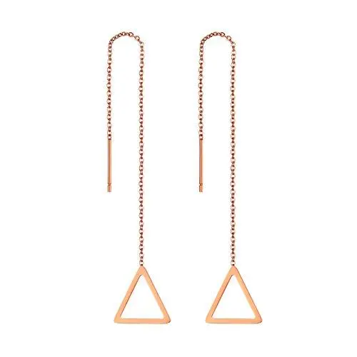 Produktbild: Flongo Damen Stäbchen Durchzieher Ohrringe Lange Quaste Einfädler Ohrringe Frauen Ohrhänger Ohrstecker Ohrkette Ohrseil mit Dreieck Rahmen Anhänger Rosegold