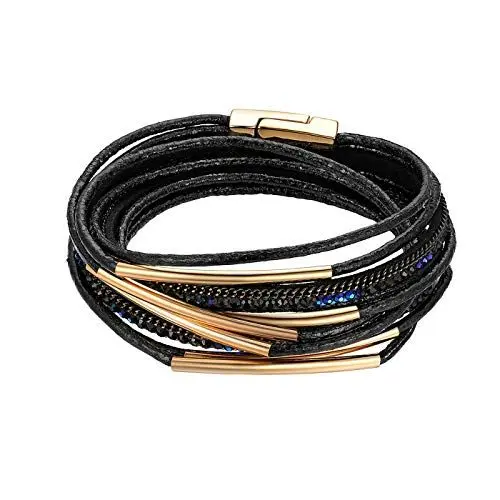 Produktbild: Flongo Damenarmband Frauen Armband Damen Lederarmband, Metall Leder Armband Armreif Geflochten Lederband mit Magnet Schließe Schwarz Gold Surfer Wickelarmband