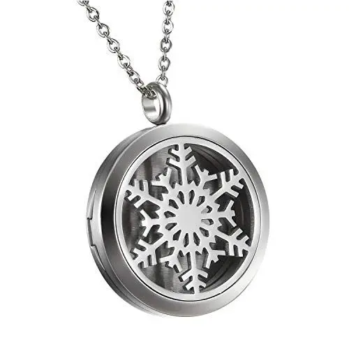 Produktbild: Flongo Duft Kette Aromatherapie Aroma: Schneeflocken Halskette für Ätherische Öle Edelstahl Duftkette Diffuser mit 6 Farbigen Filz Pads ölpads Silber für Damen Frauen Weihnachten