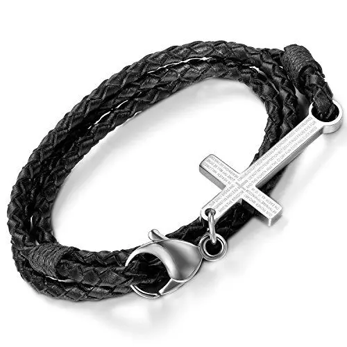 Produktbild: Flongo Edelstahl Leder Echtleder Armband Armreifen Manschette Schwarz Silber Englisch Bibel Herr Gebet Kruzifix Kreuz Motorradfahrer Biker Punk Rock Herren,Damen