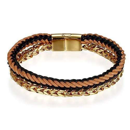 Produktbild: Flongo Herren-Armband Leder-Armband, Edelstahl Leder Armband Armreifen Manschette Geflochten Gold Braun Panzerkette Motorradfahrer Biker Gotik Herren Männer