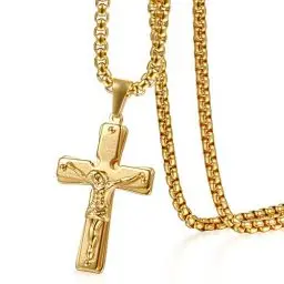 Produktbild: Flongo Herren-Kette Anhänger Halskette, Edelstahl Halskette Rosenkranz Kette Jesus Englisch Bibel Kreuz Kruzifix Kette Herrenkette Golden Gold Poliert Herren Männer Accessoires
