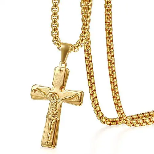 Produktbild: Flongo Herren-Kette Anhänger Halskette, Edelstahl Halskette Rosenkranz Kette Jesus Englisch Bibel Kreuz Kruzifix Kette Herrenkette Golden Gold Poliert Herren Männer Accessoires