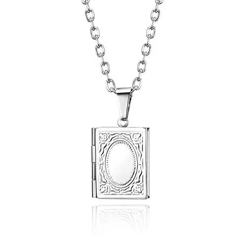 Produktbild: Flongo Herren-Kette Damen-Kette Halskette Fotoanhänger Anhänger, Edelstahl Anhänger Halskette Silber Rechteck Buch Form öffenbares Foto Medaillon Poliert Elegant Damen Frauen Herren