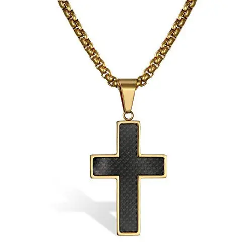 Produktbild: Flongo Herren Anhänger Kette, Edelstahl Anhänger Halskette Schwarz Gold Goldn Kreuz Kruzifix mit Kohlenstoff Carbon Fiber Kohlefaser Poliert Herren Männer Accessoires Herrenschmuck