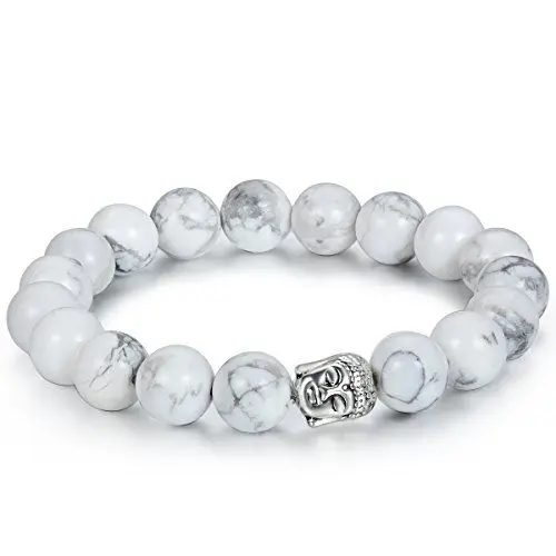 Produktbild: Flongo Herren Damen Armband, 10mm Energiearmband Kugel, Buddha Statue Perlen Gebet Mala, Türkis Howlite Legierung, Weiss Silber