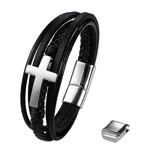Produktbild: Flongo Herren Leder Armband Kreuz schwarz Silber geflochten Lederarmband mit klassisch Edelstahl Cross Anhänger und Love You Forever Gravur verstellbar Geschenk für Sohn mit Liebeskarte Geschenkbox