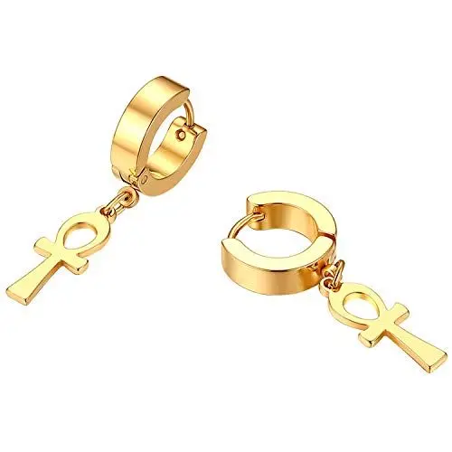 Produktbild: Flongo Herren Ohrstecker Creolen Damen Kreuz Ohrringe Ohrhänger aus Edelstahl in Gold Stecker mit hängenden ägyptisch Ankh. Kreuz Anhänger Jahrgang Männer, Frauen