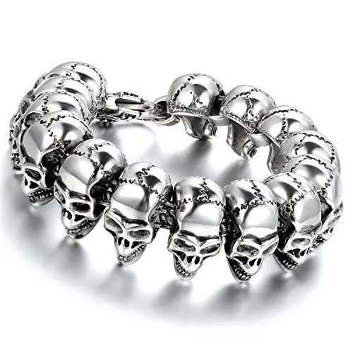 Produktbild: Flongo Herrenarmband Männer Armband Armreif Biker Kette, Groß Schwer Edelstahl Armband Link Handgelenk Silber Schwarz Totenkopf Schädel Rock Gotik Biker Schmuck Herren-Accessoires