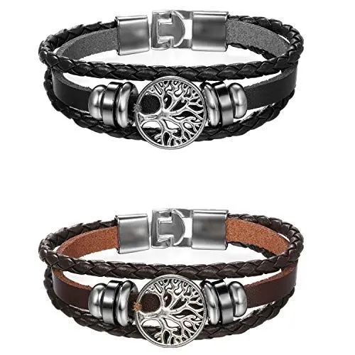 Produktbild: Flongo Herrenarmband Männer Frauen Armband Damen Lederarmband, 2 Stück Metall Leder Armband Armreif Geflochten Lederband Baum des Lebens Tree of Life Schwarz Braun Surfer Wickelarmband