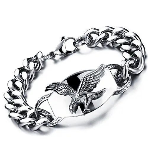 Produktbild: Flongo Herrenarmband Männer Kette aus Edelstahl Armband Armreif Armkette Link Handgelenk Panzerkette Silber Adler Falke Herren-Accessoires