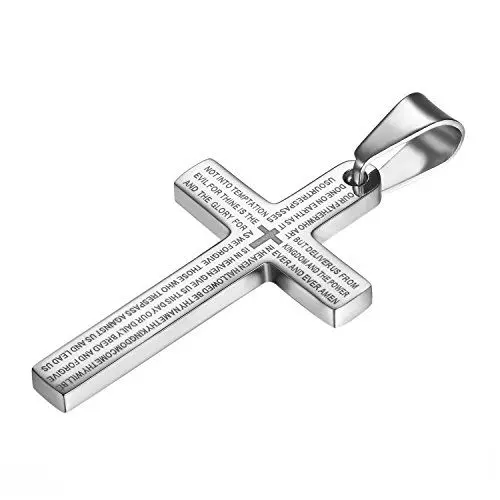 Produktbild: Flongo Herrenkette Männer Anhänger, Edelstahl Anhänger Halskette Silber Kreuz Bibel Lords Prayer Poliert Herren,mit 55cm Kette