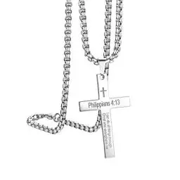 Produktbild: Flongo Herrenkette Männer Anhänger Kette, Edelstahl Anhänger Halskette Silber Jesus Kreuz Philippians 4:13 Englisch Bibel Lords Prayer Herren-Accessoires