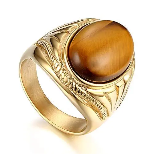Produktbild: Flongo Herrenring Männer Ringe Siegelring Bandring, Edelstahl Biker Siegel Ring Tigerauge Braun Gold Ton Hochzeit Verlobung Engagement Daumenring Biker Herren Schmuck Herren-Accessoires Größe 71