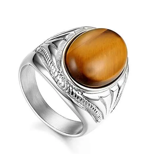 Produktbild: Flongo Herrenring Männer Ringe Siegelring Bandring, Edelstahl Biker Siegel Ring Tigerauge Braun Silber Ton Hochzeit Verlobung Engagement Daumenring Biker Herren Schmuck Herren-Accessoires