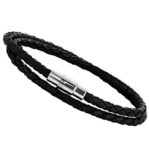 Produktbild: Flongo Leder Armband, Edelstahl Echtleder Armband Armreif Lederarmband Manschette Braun Silber Geflochten Surfer Wickelarmband Magnet Schließe Verschluss Herrenarmband Damenarmband, 7,5 Zoll
