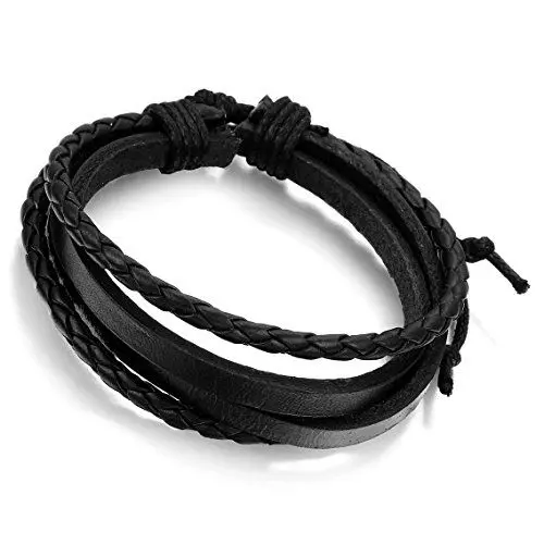Produktbild: Flongo Lederarmband Damen Armband Herren Armreif Surferarmband, Leder Armreif Armband Schwarz Surfer Wickeln Geflochten Stammes Einstellbar Passen 17-25cm Frauen Männer