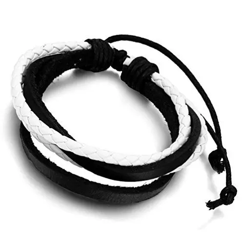 Produktbild: Flongo Lederarmband Damen Armband Herren Armreif Surferarmband, Leder Armreif Armband Schwarz Weiß Surfer Wickeln Geflochten Stammes Einstellbar Passen 17-25cm Frauen Männer