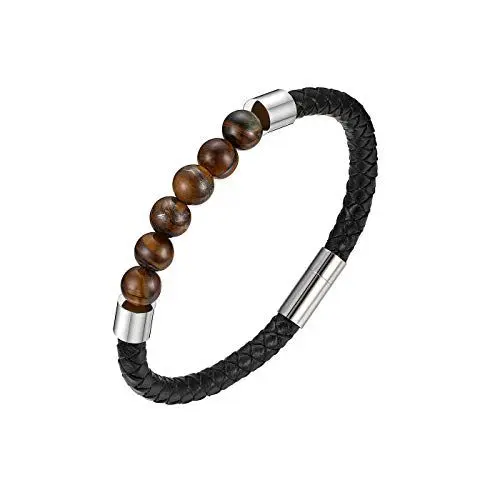 Produktbild: Flongo Lederarmband Energiearmband Lava Herren Echtleder Leder-Armband Damen Armreif Tigerauge-Stein Kugel Perlen Armkette mit Magnetverschluss Schwarz Braun für Männer Frauen