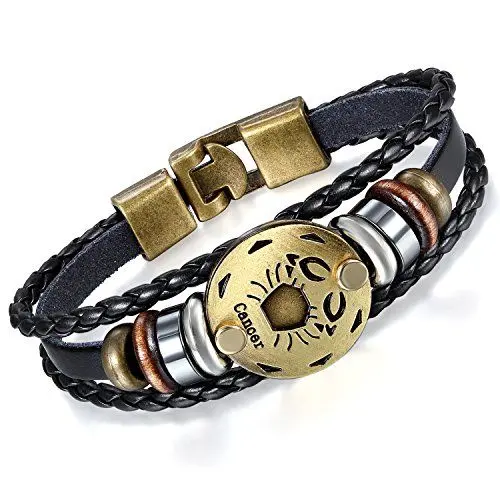 Produktbild: Flongo Lederarmband Horoskop Armband Damen Armkette Herren Armreif, Leder-Armband Armreif Manschette Manschettenknopf Schwarz Gold Golden Horoskop Tierkreis Sternzeichen Sternbild Krebs