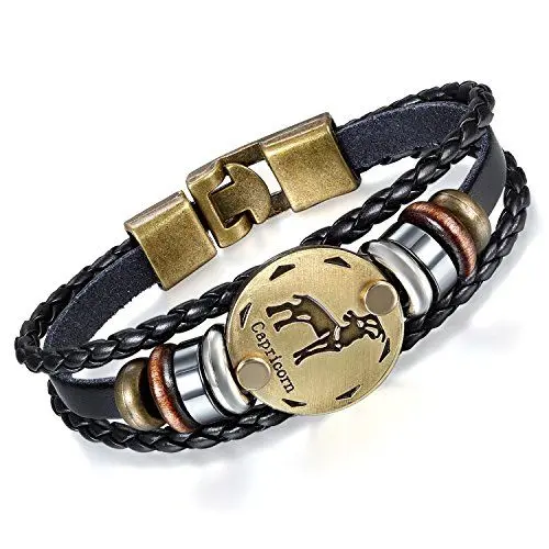 Produktbild: Flongo Lederarmband Horoskop Armband Damen Armkette Herren Armreif, Leder-Armband Armreif Manschette Manschettenknopf Schwarz Gold Golden Horoskop Tierkreis Sternzeichen Sternbild Steinbock