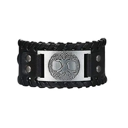 Produktbild: Flongo Lederarmband Männer Groß Leder Armband Herren Armreif Wikinger Lebensbaum Tree of Life Manschette Schwarz Braun Verstellbar Motorradfahrer Biker Herren-Accessoires