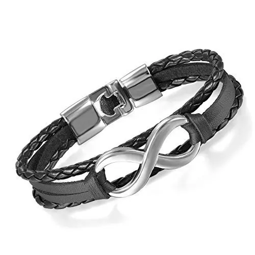 Produktbild: Flongo Lederarmband Partnerarmbänder Freundschaftsarmbänder, Leder Armband Armreif Lederarmband Manschette Schwarz Silber Infinity Unendlichkeit Zeichen Symbol